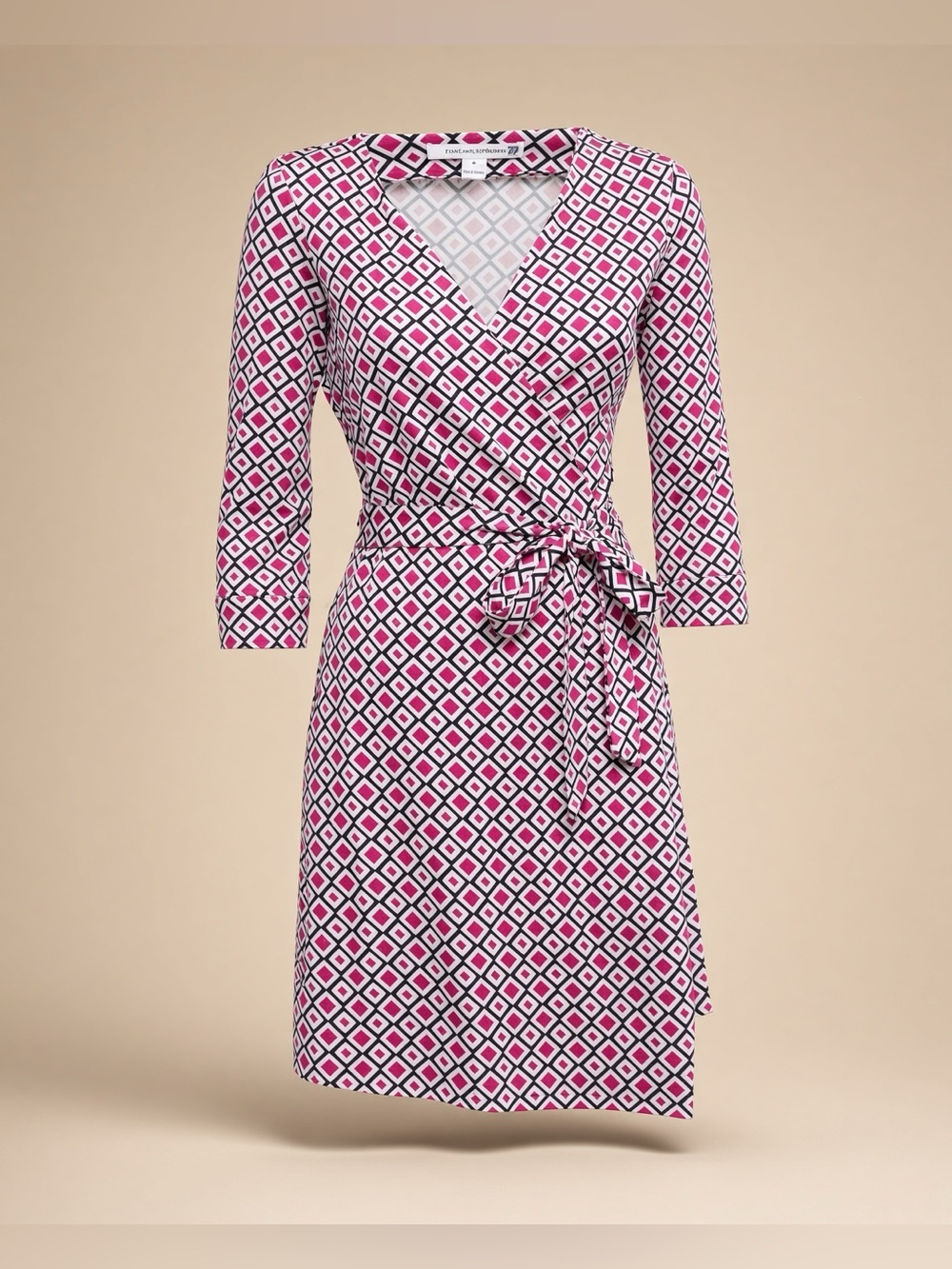 Diane Von Furstenberg Pink and White Geometric Wrap Midi Dress